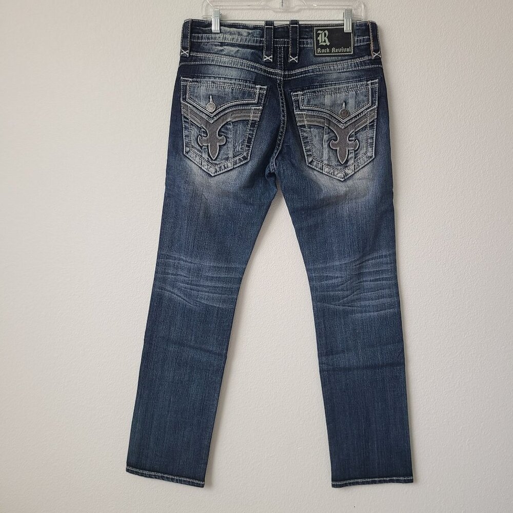 NEW Rock Revival Klarson Straight Distressed Denim Jeans Size 32x34 Blue
